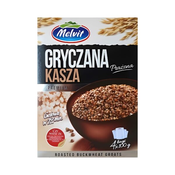 Melvit Instant Roasted Buckwheat Groats 400g package, showcasing a quick-cooking Polish grain with rich nutty flavor and wholesome nutrition.