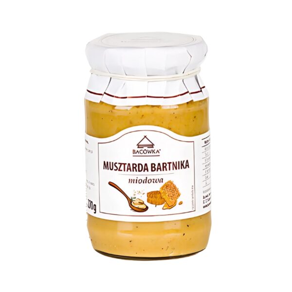 Jar of Bacowka Honey Mustard 270g (Musztarda Bartnika, Miodowa), featuring a rich golden mustard blend with the sweetness of honey, ideal for meats, sandwiches, and dressings.