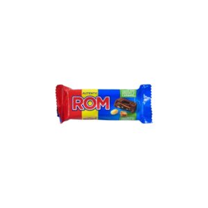 ROM Caramel Rum Peanut Milk Chocolate Bar 29g, a Romanian treat with creamy milk chocolate, caramel, peanuts, and a touch of rum flavor.