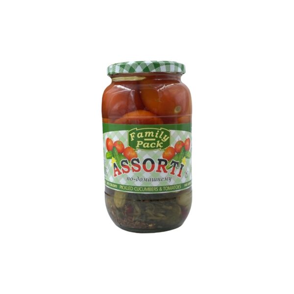 Family Pack Assorti Pickled Cucumbers & Tomatoes 32Floz, a jar of tangy and flavorful pickled vegetables, perfect for meals and gatherings.