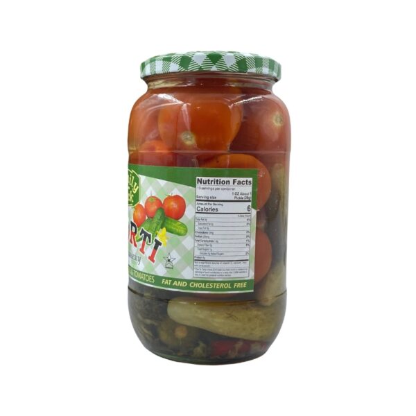 Family Pack Assorti Pickled Cucumbers & Tomatoes 32Floz, a jar of tangy and flavorful pickled vegetables, perfect for meals and gatherings.