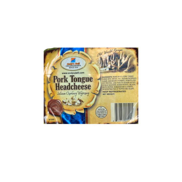 Label of Andy's Pork Tongue Headcheese App 0.8lb (Salceson Ozorkowy Wieprzowy), featuring product details and traditional European design elements.