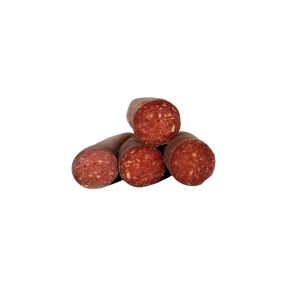 Sudzuk Albanian Style Hickory Smoked Dried Beef Sausage weighing approximately 0.8-1lb, showcasing its rich, smoky color and firm texture, perfect for slicing and serving.